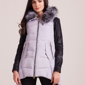 Wholesale Light gray winter vest with hood and fur