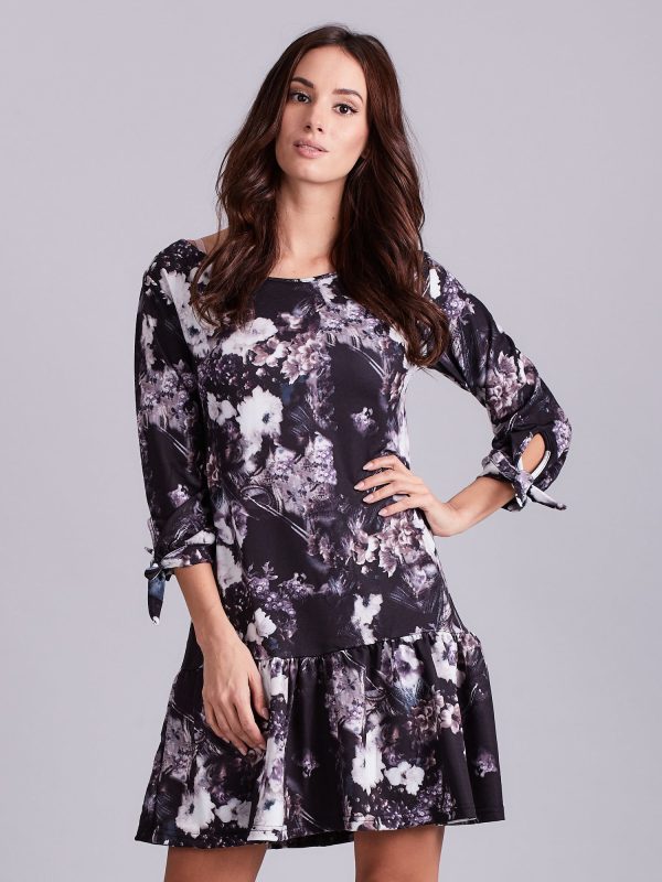 Wholesale Black floral dress with tie on the sleeves