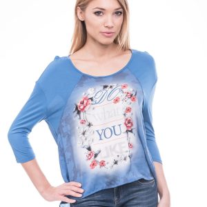 Wholesale Blue blouse with floral print and 3/4 sleeves