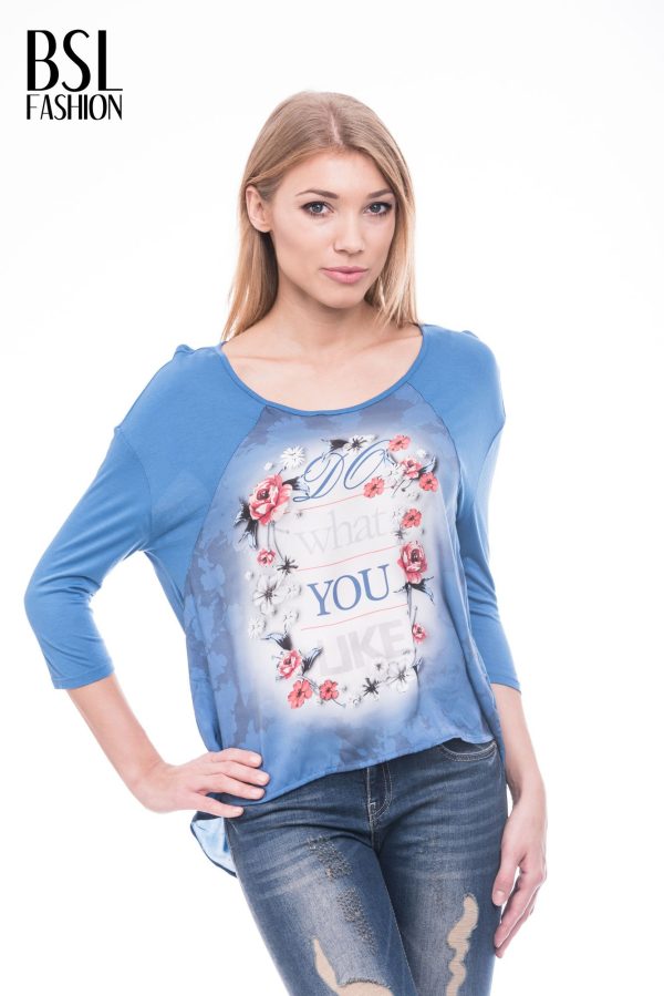 Wholesale Blue blouse with floral print and 3/4 sleeves