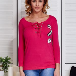 Wholesale Dark pink lace up blouse with patches