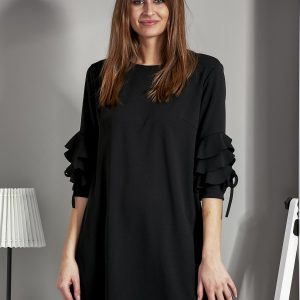 Wholesale Trapezoidal dress with flounces on sleeves black