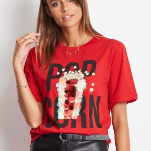 Wholesale Loose popcorn print t-shirt with sequins red