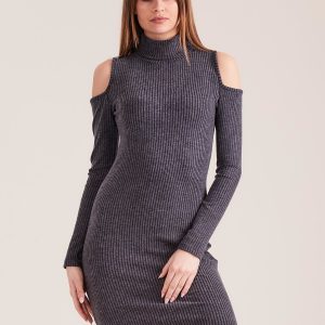 Wholesale Dark grey cut out knitted dress with turtleneck