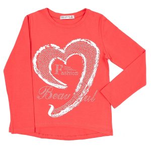 Wholesale Coral girl blouse with silver heart and rhinestones