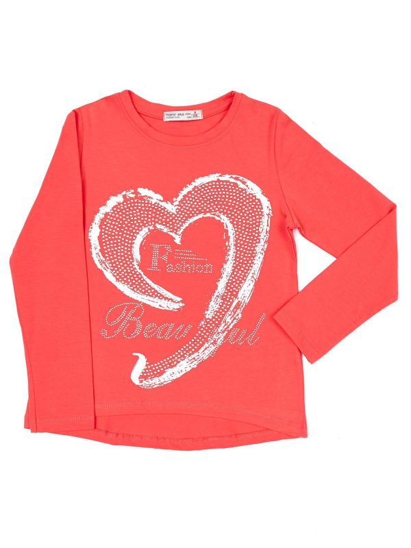 Wholesale Coral girl blouse with silver heart and rhinestones