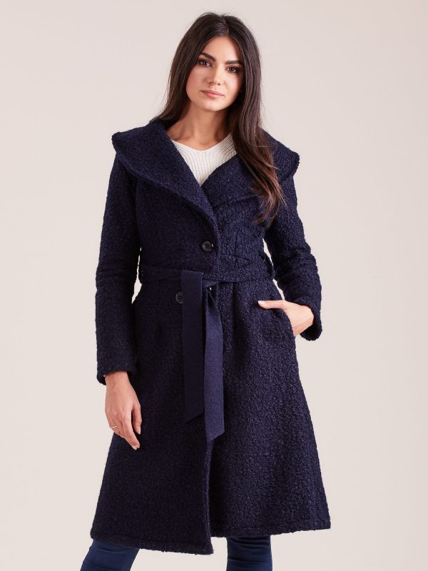 Wholesale Navy blue boucle coat with belt