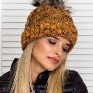 Wholesale Insulated braid cap with pompom green-brown