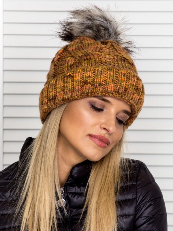 Wholesale Insulated braid cap with pompom green-brown