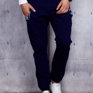 Wholesale Men's sweatpants navy blue with stripes and patches