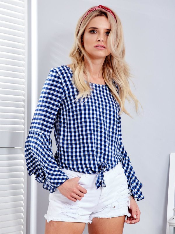 Wholesale Blue checkered blouse with tie at the bottom