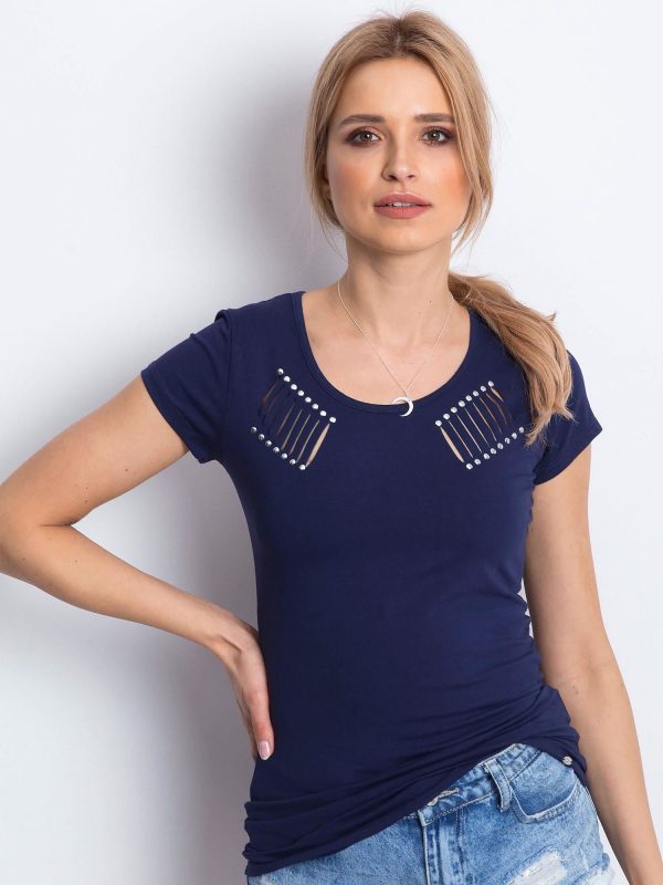 Wholesale Navy blue t-shirt with slits and applique