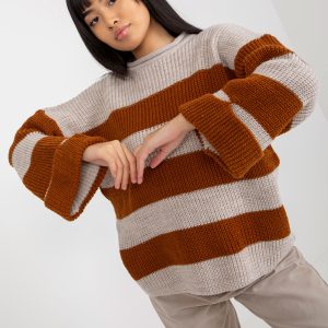 Wholesale Light brown and beige women's striped oversized sweater