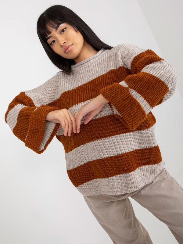 Wholesale Light brown and beige women's striped oversized sweater