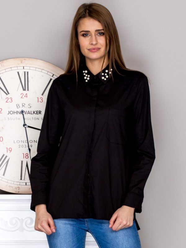 Wholesale Black shirt with pearls on the collar