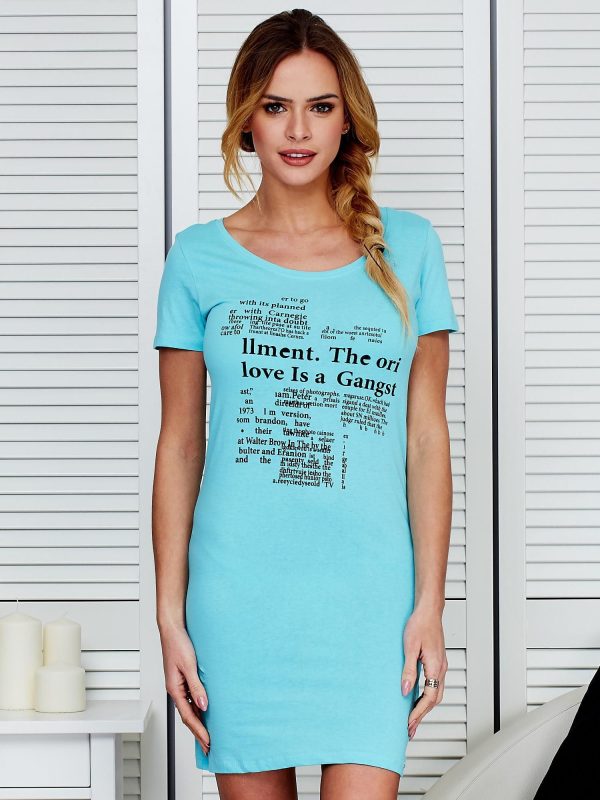 Wholesale Pale Blue Cotton Dress with Print Newspaper