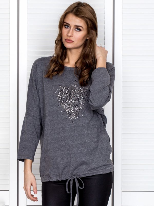 Wholesale Dark grey blouse with a trotso and rhinestones