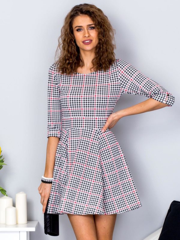 Wholesale Black and red checkered dress with buttons on the sleeves