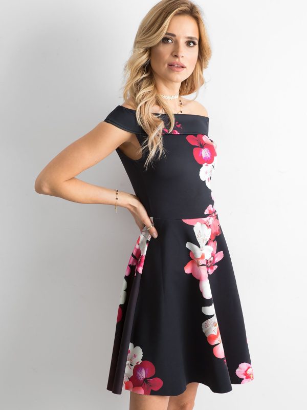 Wholesale Cocktail dress with large flowers black and pink