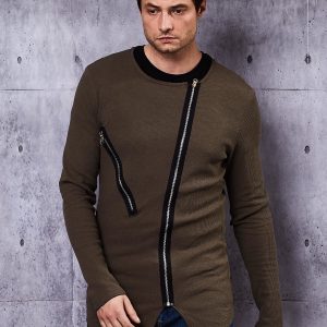 Wholesale Khaki sweatshirt for men with asymmetrical zippers