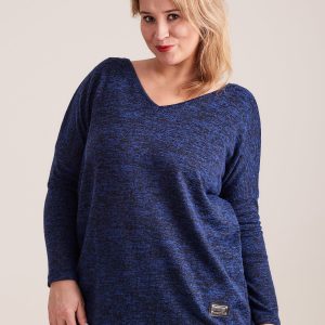 Wholesale Dark blue light V-neck plus size melange sweater