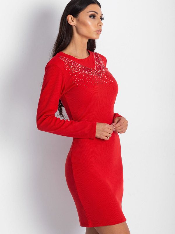 Wholesale Red fitted dress in stripe with rhinestones