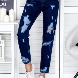 Wholesale Dark blue mom jeans pants with holes