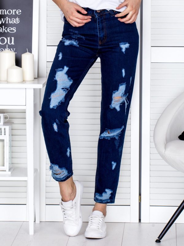 Wholesale Dark blue mom jeans pants with holes