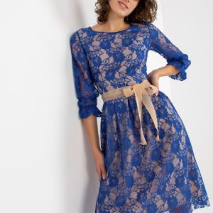 Wholesale Dark Blue Elegant Midi Cocktail Dress with Lace