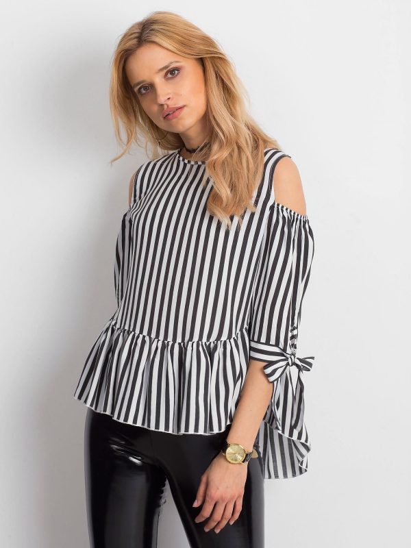 Wholesale White and black cold arms striped blouse