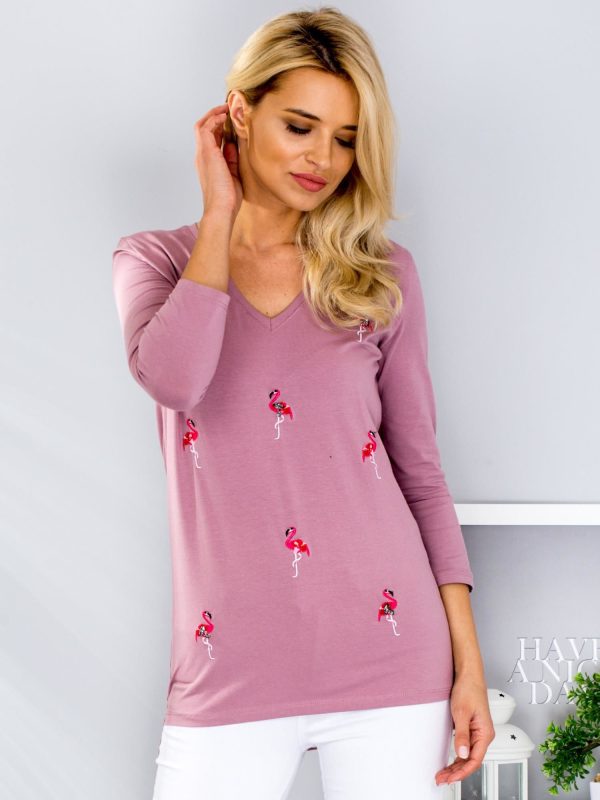 Wholesale Purple blouse with flamingos and applique