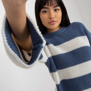 Wholesale Blue-ecru women's oversize sweater with wool