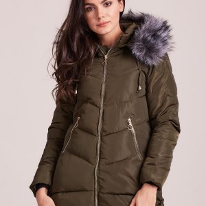 Wholesale Khaki winter jacket with hood and fur