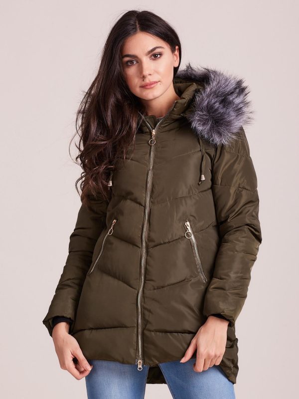 Wholesale Khaki winter jacket with hood and fur