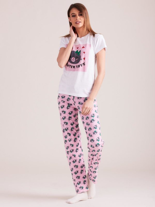 Wholesale White & Pink Two Piece Pyjama Set For Ladies