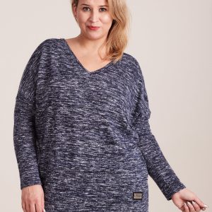 Wholesale Navy blue light V-neck plus size melange sweater