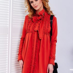 Wholesale Orange dress with tied neckline and frills