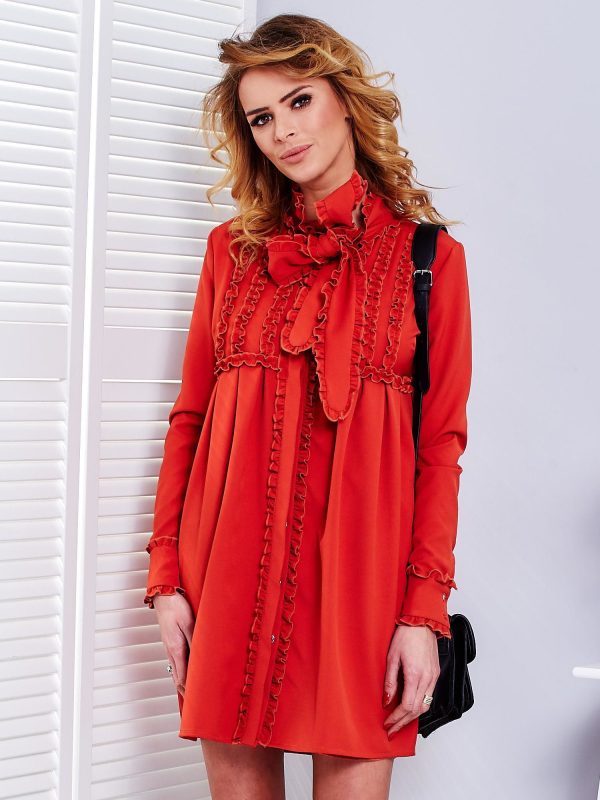 Wholesale Orange dress with tied neckline and frills