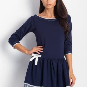 Wholesale Navy blue dress with bow and wide flounce