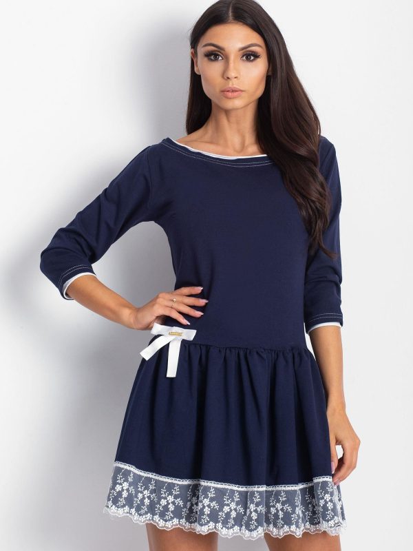 Wholesale Navy blue dress with bow and wide flounce