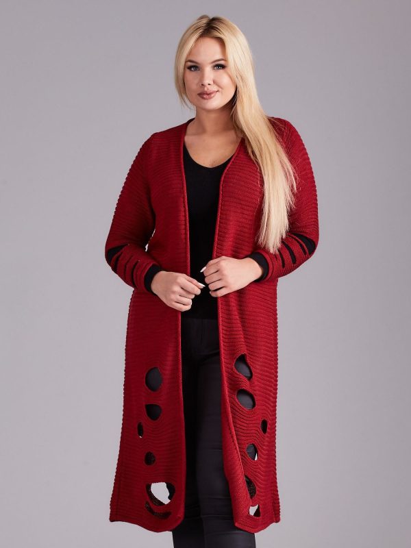 Wholesale Burgundy long sweater with holes PLUS SIZE