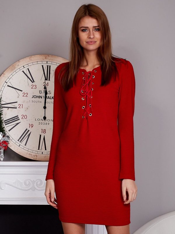 Wholesale Lace up dress with embossed stripes red