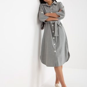 Wholesale Grey Shirt Striped Midi Dress With Large Buttons