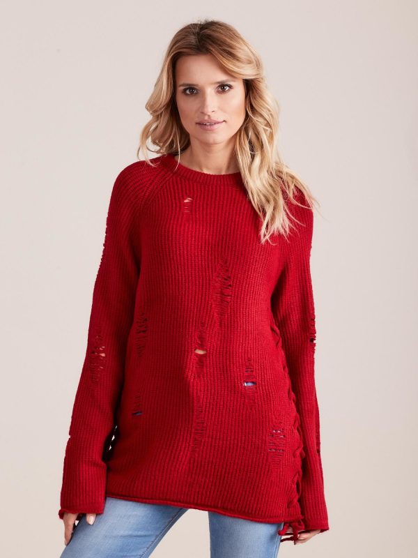 Wholesale Red loose sweater with lacing and wide sleeves