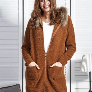 Wholesale Brown sweater with hood and fur