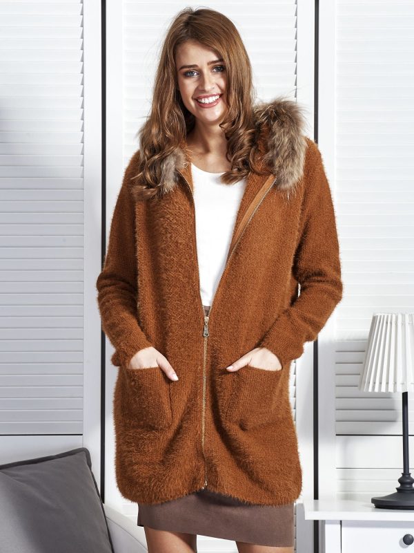 Wholesale Brown sweater with hood and fur