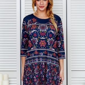 Wholesale Loose oversized dress with flowers navy blue