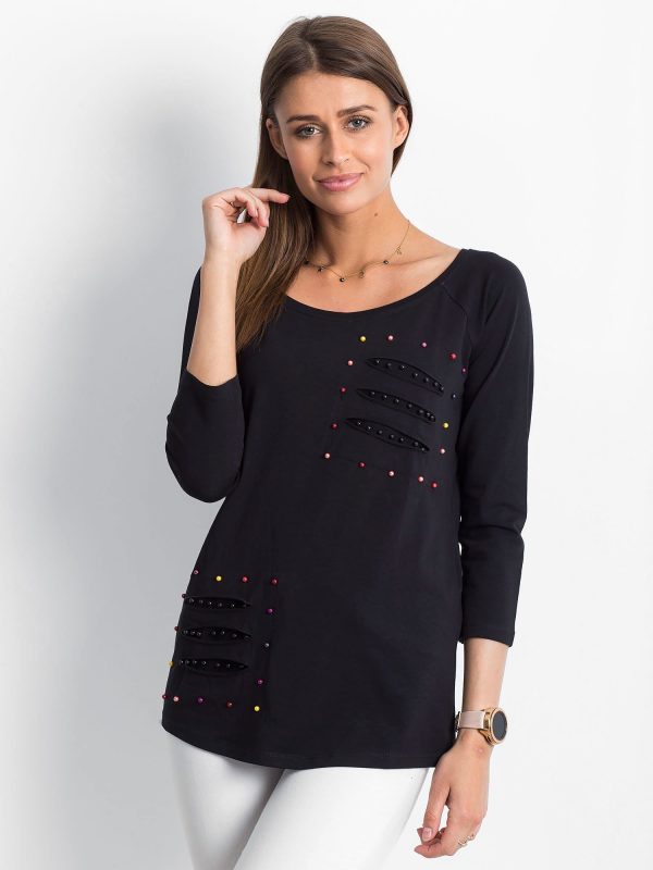 Wholesale Black blouse with colorful pearls and slits