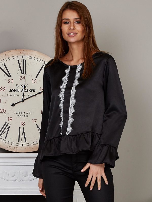 Wholesale Satin blouse with decorative lace black