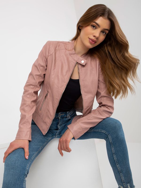 Wholesale Light pink eco-leather biker jacket with Eulalie pockets